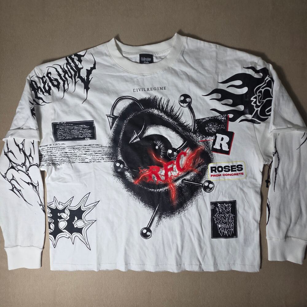 NWT Civil Regime Roses From Concrete Chaos White Long Sleeve Graphic Tee XL